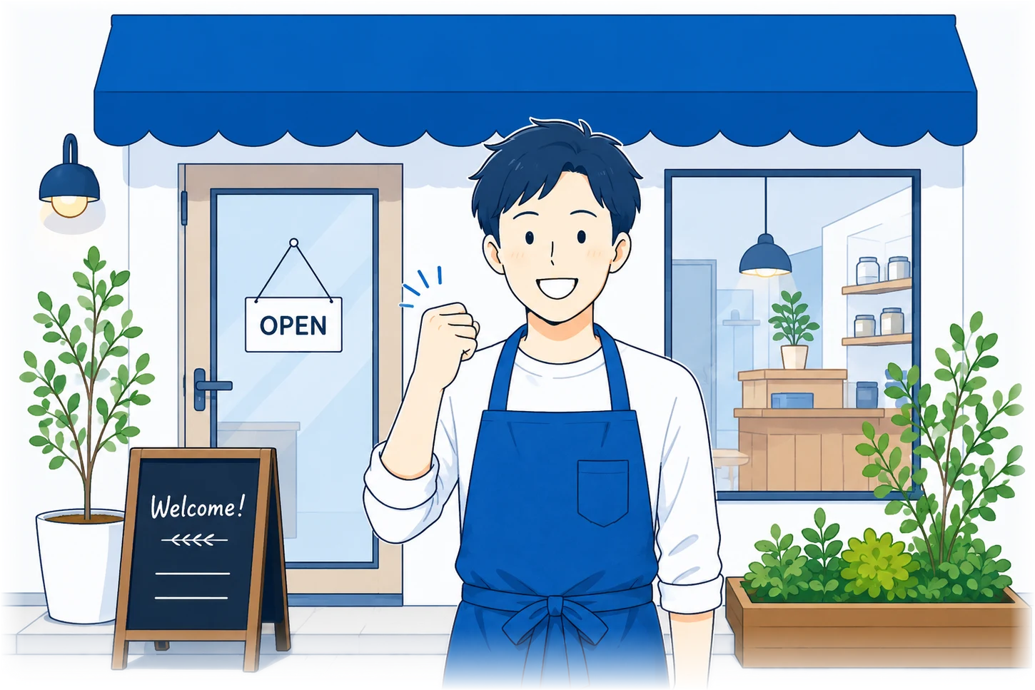 ホームページから集客できるようになり、店先で笑顔を見せる店主のイラスト